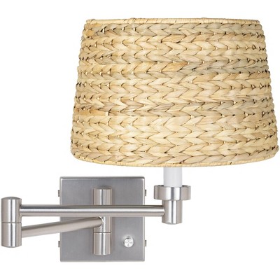 Possini Euro Design Modern Swing Arm Wall Lamp Brushed Nickel Plug-In Light Fixture Woven Seagrass Drum Shade for Bedroom Bedside