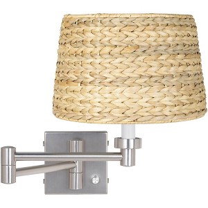Possini Euro Design Modern Swing Arm Wall Lamp Brushed Nickel Plug-In Light Fixture Woven Seagrass Drum Shade for Bedroom Bedside - 1 of 3