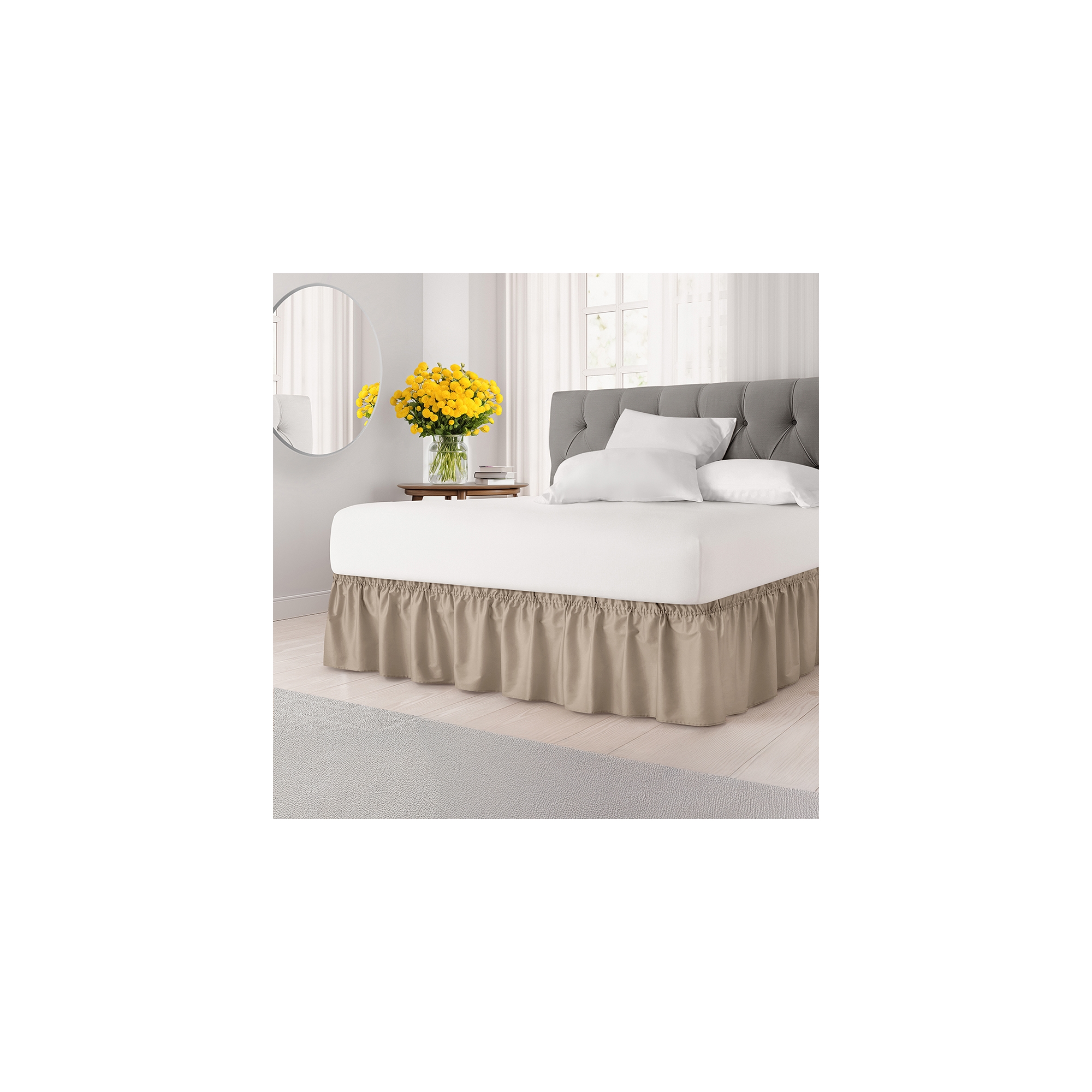 CGK Linens Elastic Wrap-Around Dust Ruffled Bed Skirt - Easy Fit with Pleated 12" Drop in Cream, Size King