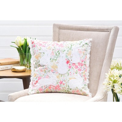 Embroidered Easter Bunnies Floral Square Throw Pillow