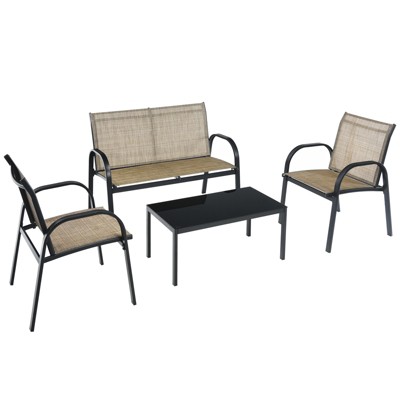 Tangkula 4PCS Metal Coversation Set with Black Coffee Tbale Brown
