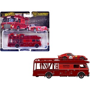 Fiat 642 RN2 Bartoletti Transporter Red and Ferrari 250 GT #22 Red with Yellow Stripes Diecast Model Cars by Hot Wheels - 1 of 3