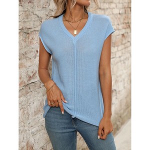 Womens Tops Casual V Neck Short Sleeve Chunky Knit Sweater Top - 1 of 4