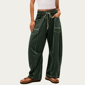 Anna-Kaci Women’s Soft Wide Leg Pants with Cargo Style Seam Detailing Adjustable Drawstring Waistband and Relaxed Stretch Fit - 1 of 2