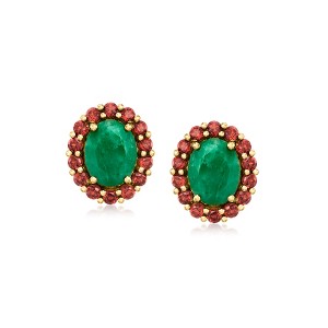 Ross-Simons 3.20 ct. t.w. Emerald and 1.40 ct. t.w. Garnet Halo Earrings in 18kt Gold Over Sterling - 1 of 3