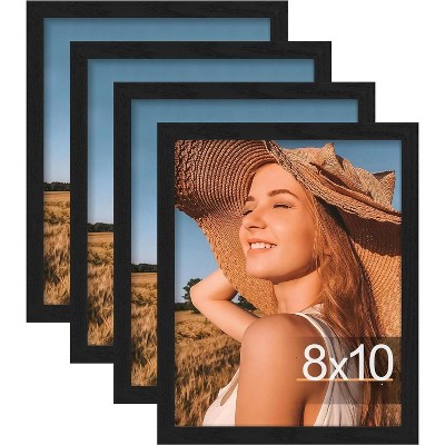 Attop 8x10 Picture Frame Set of 4, Display Pictures 5x7 with Mat or 8x10 without Mat, Engineered Wood with Shatter Resistant Plexiglass Black