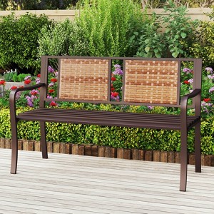 Costway Patio Garden Bench Steel Frame Rattan Backrest Park Yard Outdoor Porch Furniture - 1 of 4