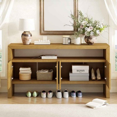 60-Inch 4-Door Sideboard with Open Shelf, Modern Minimalist Storage Cabinet for Home, Wood Frame Cabinet with Veneer Finish-Coolbibila