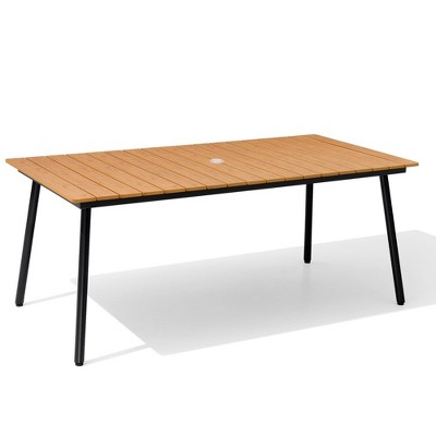 Crestlive Products Outdoor Dining Table Patio Dining Table with Wooden-Like Top and Aluminum Frame, Rectangular Table with Umbrella Hole
