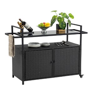 NAYSAYE Bar Serving Cart Outdoor Wicker Wine and Beverage Counter with Glass Tabletop for Patio , Black, 51.18"*19.69"*35.43" - 1 of 4