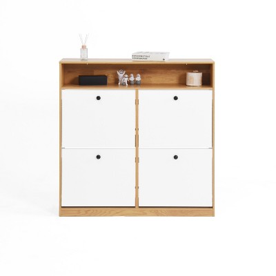 TIRAMISUBEST 4-Door Flip Shoe Cabinet - Space Saving Entryway Storage with Anti-Tip, Wooden Handles & Adjustable Shelves for Hallway