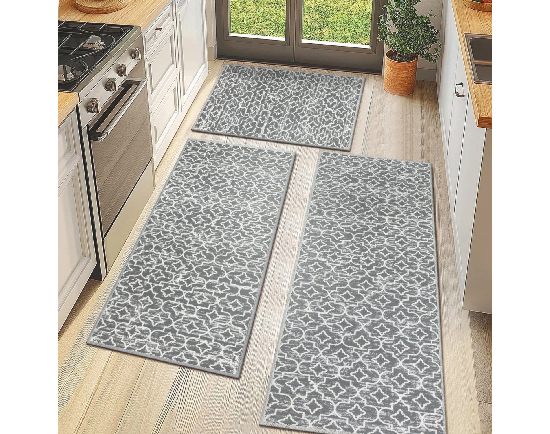 Gray Kitchen Rug Set 3 Piece, Non Slip Machine Washable Mats for Home Floor and Living Room