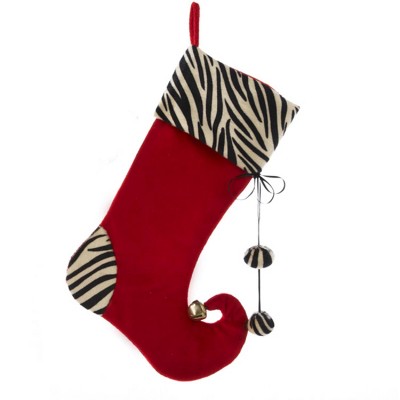 Kurt S. Adler 18" Diva Safari Plush Red and Zebra Print Elf Swirled Toe Christmas Stocking