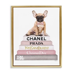 Stupell Industries Watercolor Bookstack French Bulldog Floating Frame Canvas Art, Gold, 17" x 21" - 1 of 4