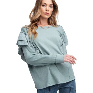 Slickblue Women's Ruffle Sleeve Top, Double Layer, Loose Fit, Rounded Neck, Cream/Faded Blue, Size S-L - 1 of 4