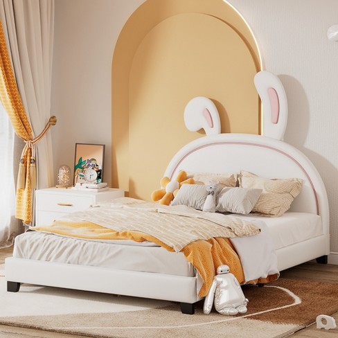 Full Size Leather Upholstered Platform Bed With Rabbit Ornament White ...