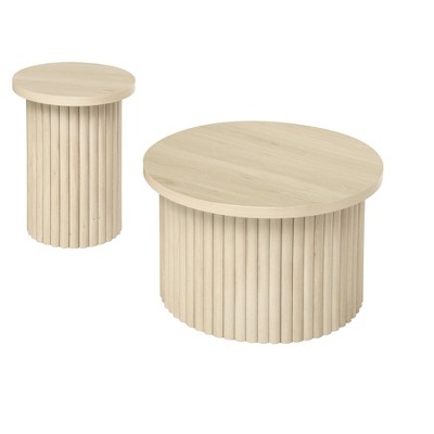 Vynxaria Round End Tables Set of 2 - Natural Accent Coffee Tables for Living Room