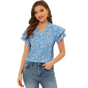 Allegra K Women's Summer V Neck Cap Short Sleeve Button Floral Print Shirt - 1 of 4