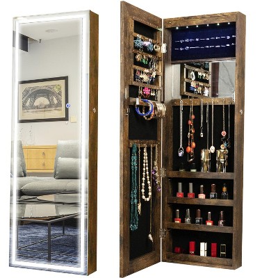 CAVINAS Mirror Jewelry Cabinet Lockable Wall or Door Mounted Jewelry Armoire Organizer with Mirror LED Lights