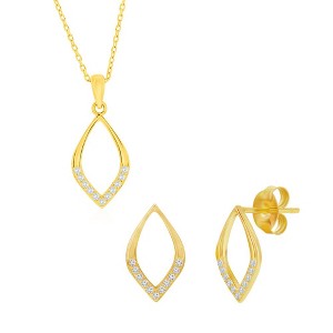 Bella Silver Sterling Silver, Polished & CZ Marquise Necklace & Earrings Set - Gold Plated - Gold - 16+2 Inch - 1 of 4