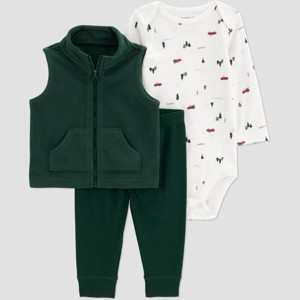 Carter's Just One You® Baby Boys' 3pc Long Sleeve Mountain Faux Shearling Vest with Bodysuit and Pull-On Pants Set - Green - 1 of 4