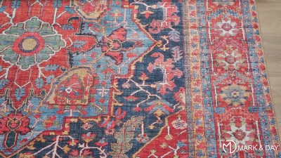 Linden Bright Red and Blue Hand-knotted Synthetic Fur Rug