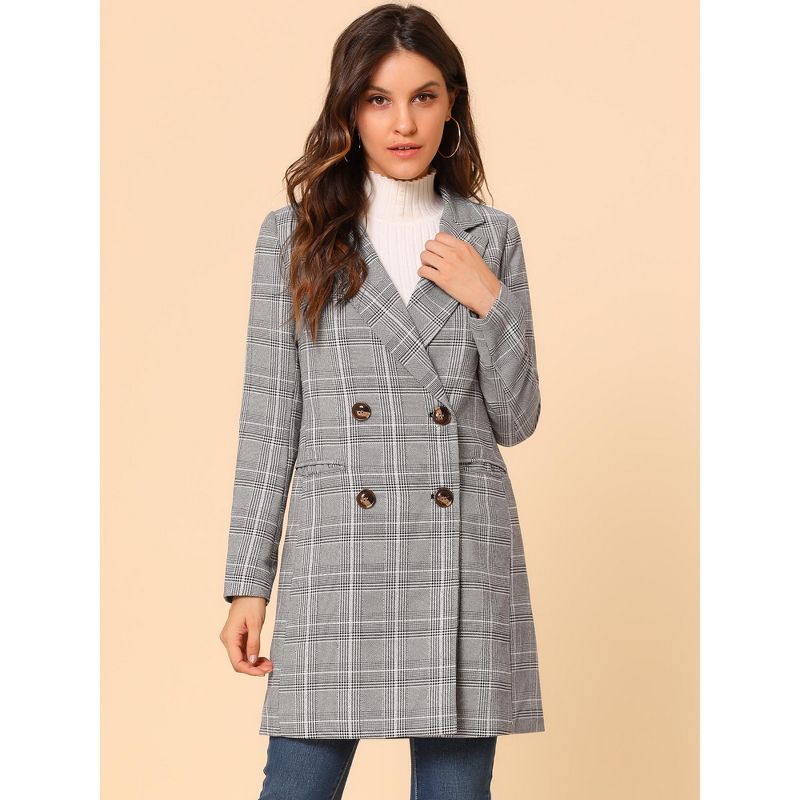Allegra K Women's Double Breasted Notched Lapel Plaid Overcoat with Pockets, 4 of 8