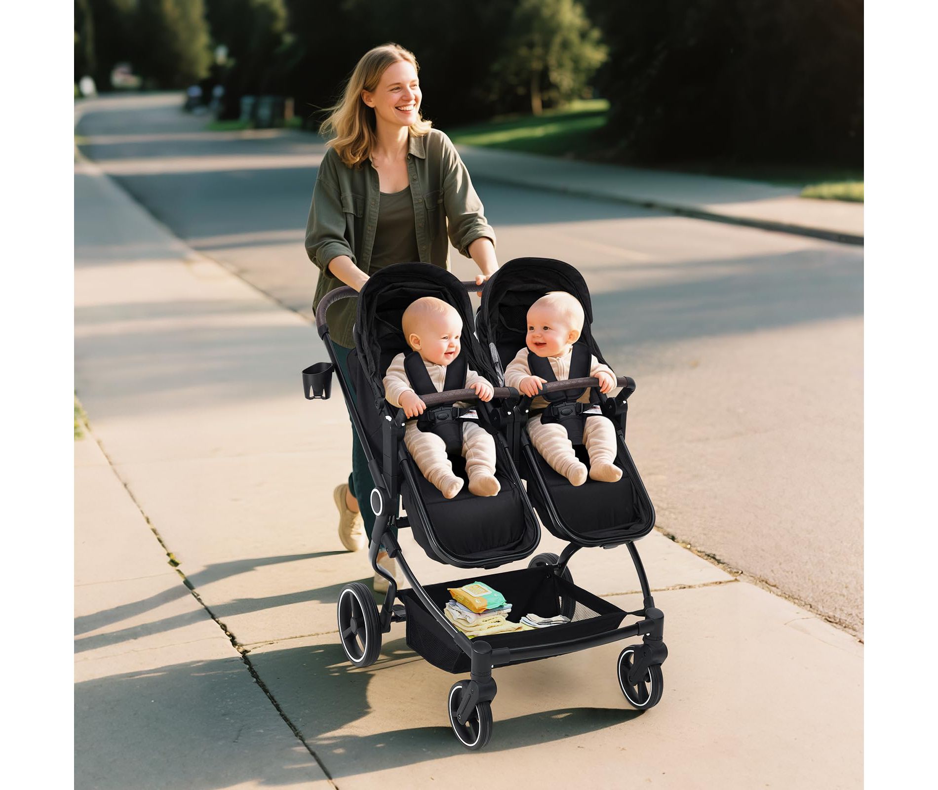 Side by Side Double Stroller Newborn and Toddler, Lightweight Compact Twin Stroller with Reversible Seat, Adjustable Backrest & Canopy, Storage Basket