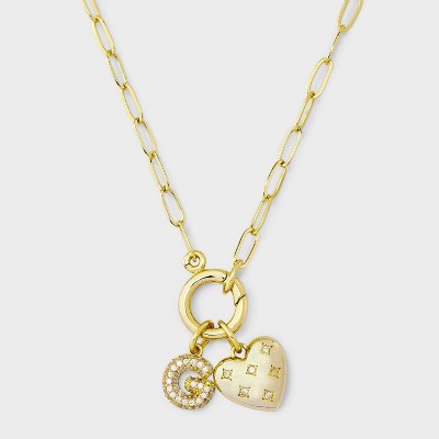 14K Gold Dipped Cubic Zirconia Puffy Heart Charm Initial Necklace - A New Day™ Gold