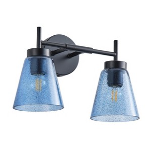 Dewdrop 2-Light Bathroom Vanity Light Black Wall Sconce with Blue Seeded Glass Shades for Bedroom Hallway - 1 of 4