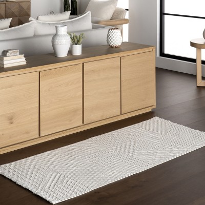 Makena Off-White Geometric Synthetic Runner Rug with Fringe