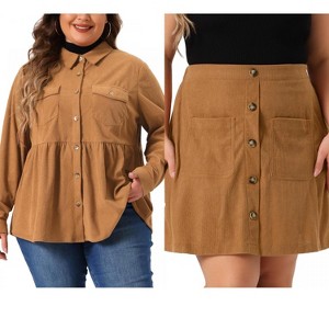 Agnes Orinda Women's Plus Size 2 Piece Corduroy Long Sleeve Peplum Shirts and Elastic Waist Button Down Mini Skirt Set with Pockets - 1 of 4