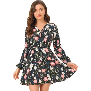 Allegra K Women's Floral Print Button Front Puff Sleeve Tie Waist Shirt Dress - 1 of 4
