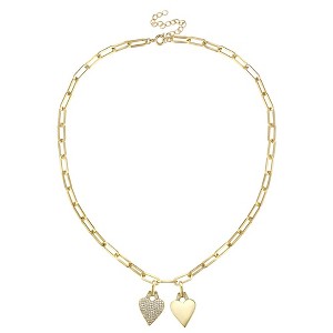 14k Gold Plated Sterling Silver Double Heart Cable Chain Necklace with Sparkling Cubic Zirconia Accents - 1 of 2