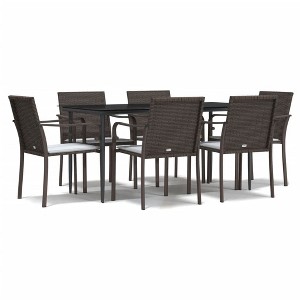 vidaXL Patio Dining Set Table and Chair with Cushions Poly Rattan and Steel - Brown 63" Table Length 6 Chairs - 1 of 4