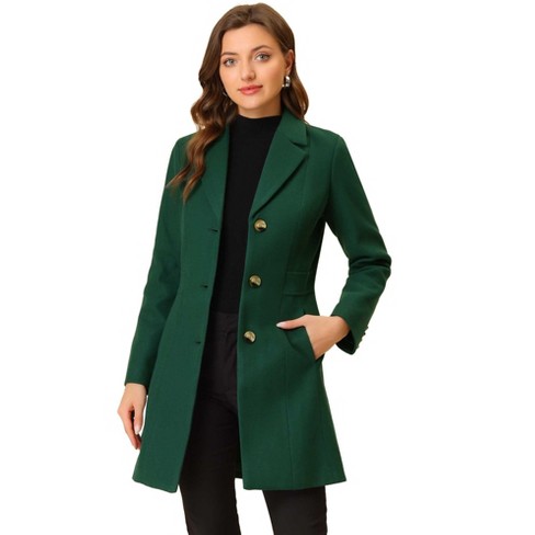 Allegra K Women's Single Breasted Notched Lapel Long Winter Coats Green ...