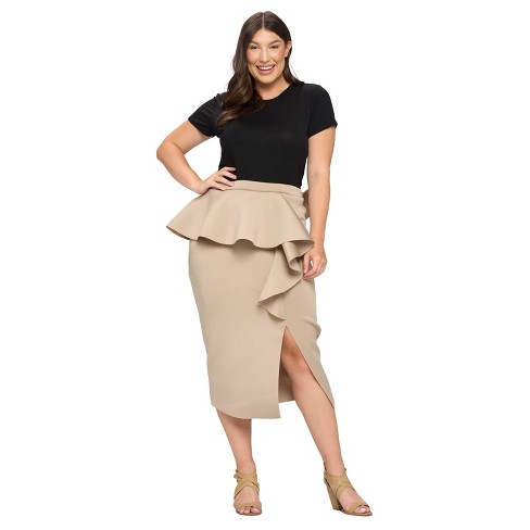 L I V D Women s Ruffled Peplum Neoprene Midi Skirt Mushroom 2X