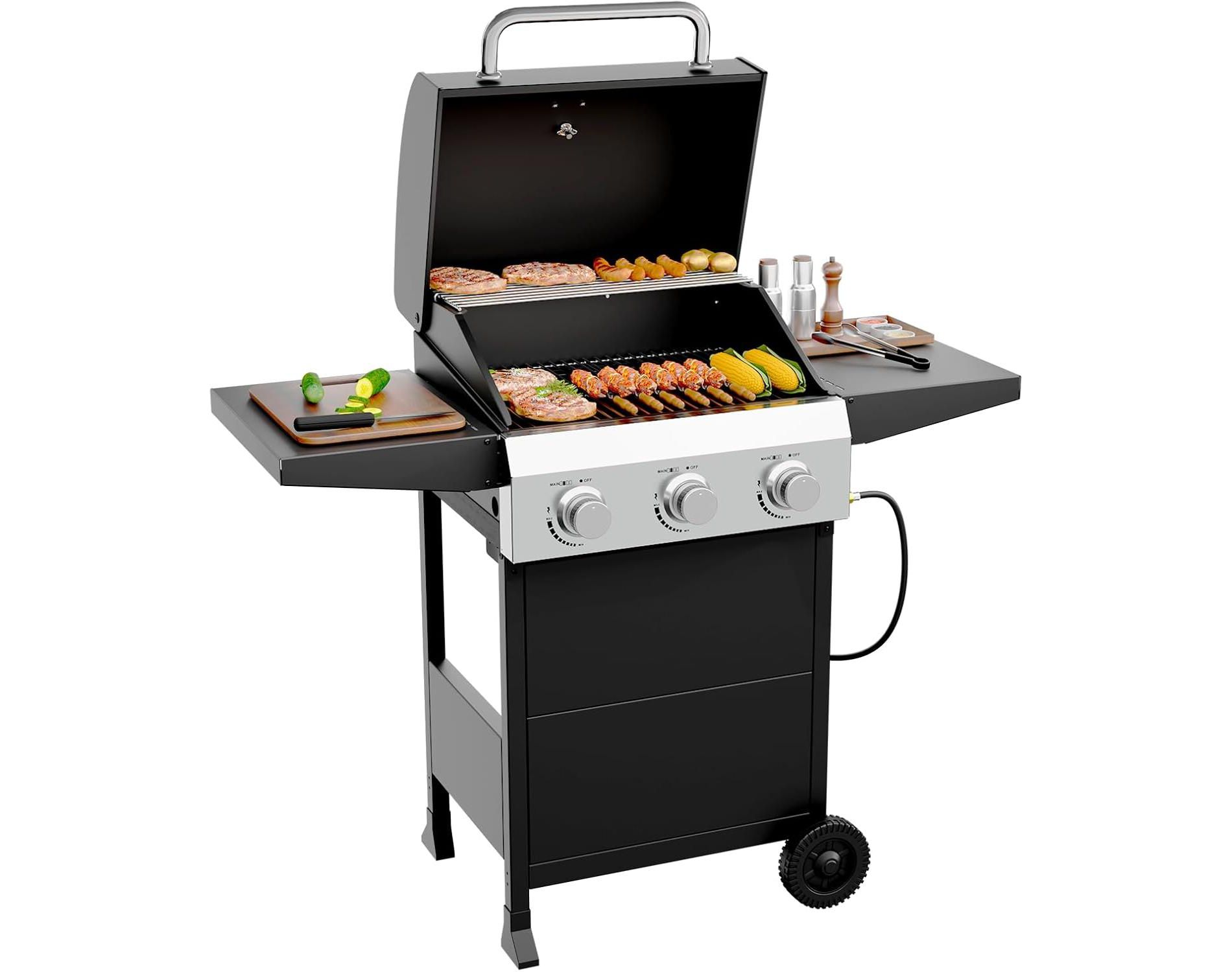 ROVSUN Propane Gas Grill with Foldable Side Shelves, 40000BTU BBQ Grills with Enameled Cast Iron Grates, Cabinet & Poratable Rolling Wheels