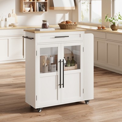 Kitchen Island with Storage, Retro Island Table with Glass Door Cabinet and Drawer, Coffee Bar Station with Spice Rack, White and Natural