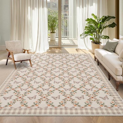 Washable Non-Slip Farmhouse Rugs - Floral Butterfly Print, Soft Accent Carpet for Living Room, Bedroom, Dining Room & Office