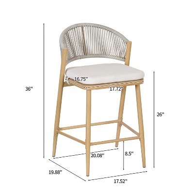 Maple Finish Aluminum and Rattan Outdoor Counter Stools with Cushions, Set of 2