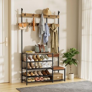 Pipe Style Wooden Brown Hall Tree with Shoe Bench - 1 of 4