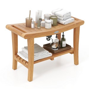 Tangkula 30" Large Teak Shower Stool w/ Storage Shelf Non-slip & Adjustable Foot Pads - 1 of 4