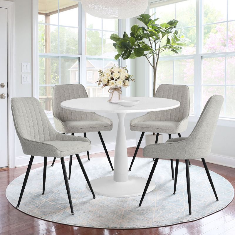 White Round Dining Table Set For 4,Round Pedestal Dining Table 35" With 4  Upholstered Fabric Dining Chair with Black Legs-Maison Boucle, 1 of 8