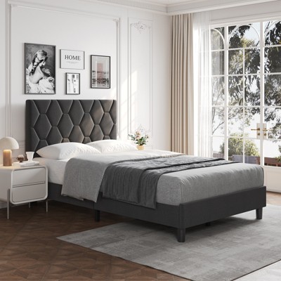 Upholstered Platform Bed Frame with Diamond Design Fabric Headboard, Solid Wood Slat Support, Non-Slip, Noise-Free, No Box Spring Needed