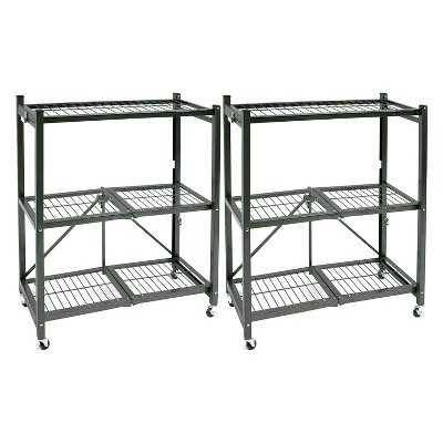 Origami R3 General Purpose Foldable 3-Tiered Shelf Storage Rack with Wheels for Home, Garage, or Office, Pewter (2 Pack)