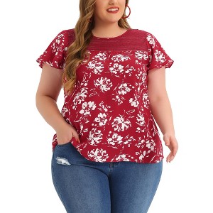Agnes Orinda Women's Plus Size Floral Printed Lace Panel Keyhole Back Flare Sleeve Blouses - 1 of 4