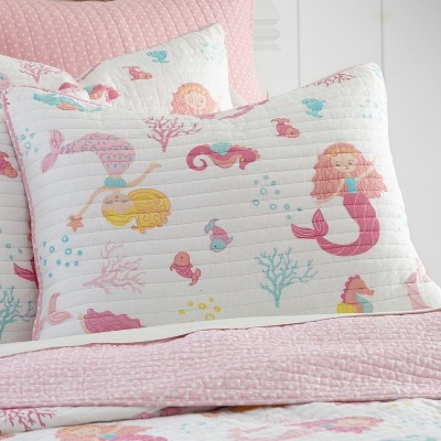 Pink Cotton Twin Reversible Quilt Set with Mermaid Design