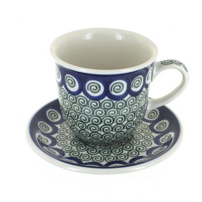 Blue Rose Polish Pottery Peacock Swirl Cup & Saucer