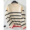 Womens Pullover Sweater Loose Fit Bell Sleeve Slouchy Sweater Ribbed Knit Crew Neck Striped Sweater - 4 of 4